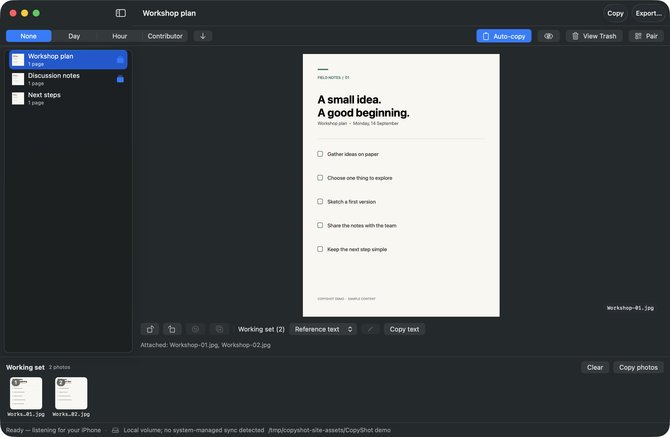 CopyShot on Mac with example images in the library