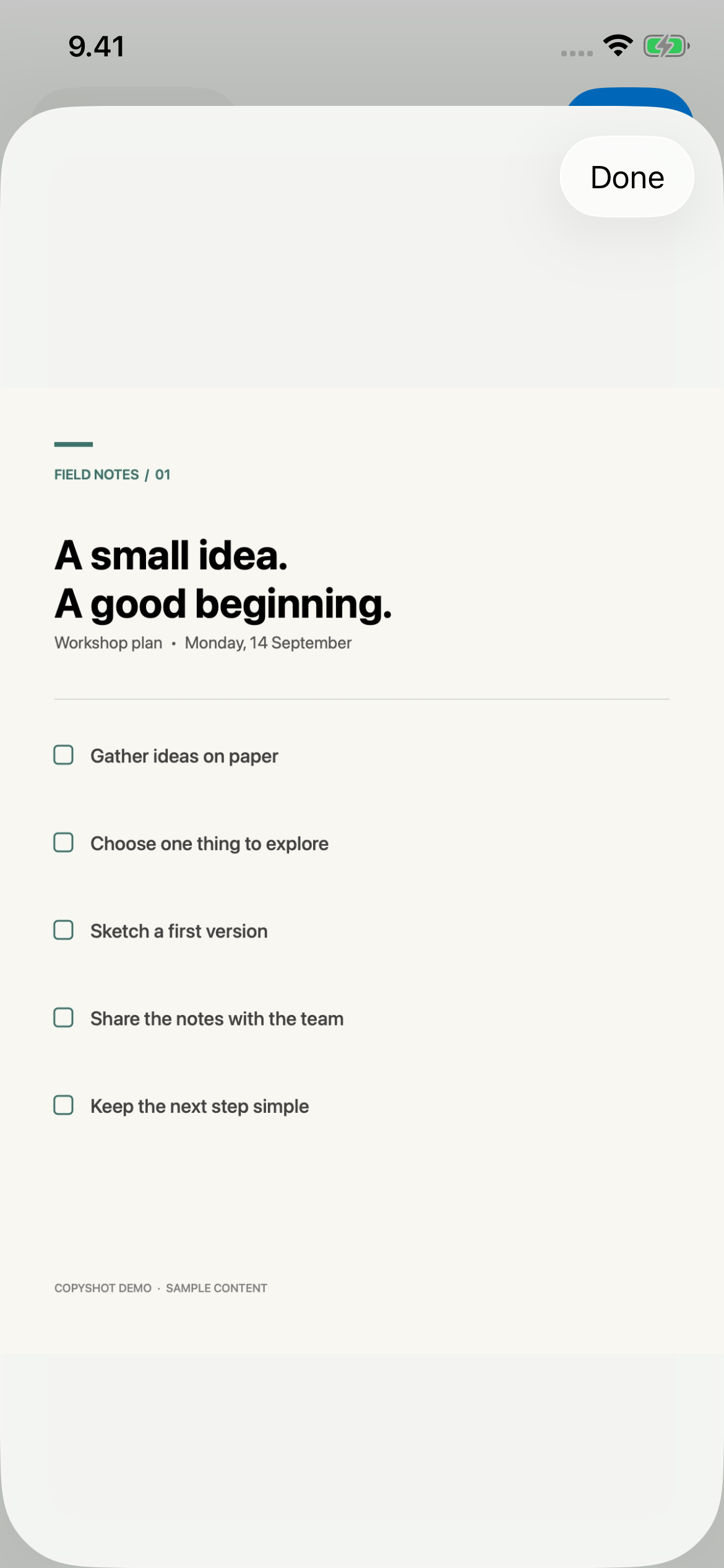 CopyShot on iPhone showing a sample page