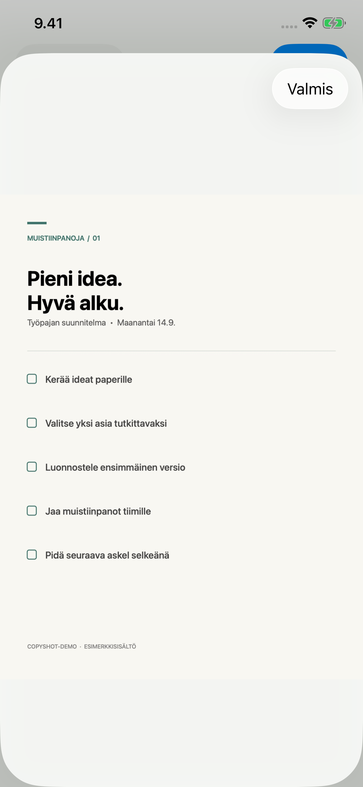 Esimerkkisivu CopyShotissa iPhonella